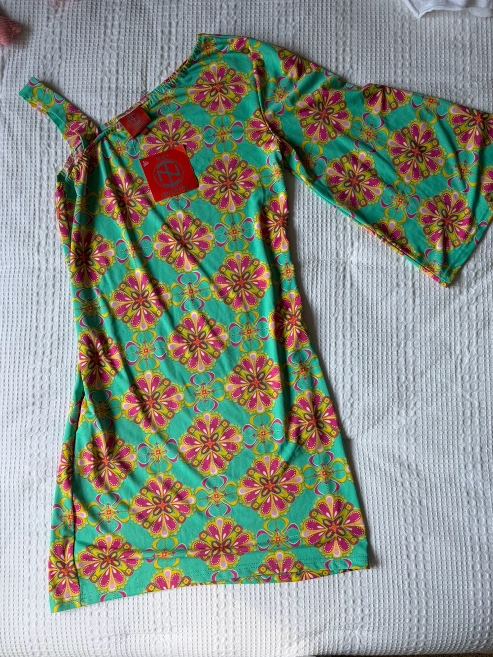Tracy Negoshian One-Shoulder Floral Tunic - Teal, Pink & Yellow